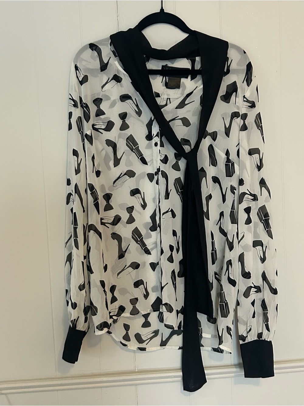 Kardashian Kollection Black & White Shoe Print Tie-Neck Blouse